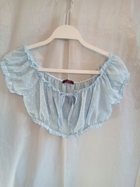 Avid Love Light Blue Swiss Dot Off-Shoulder Crop Top with Front Tie. Sheer